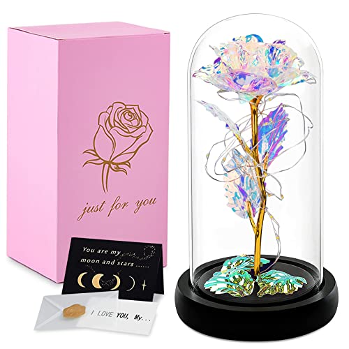 JOYBOY Kit de Rosas,Rosa Eterna Natural Preservada,Elegante Cúpula de Cristal con Base Pino Luces LED,Adecuado para el Día de San Valentín, Amigos